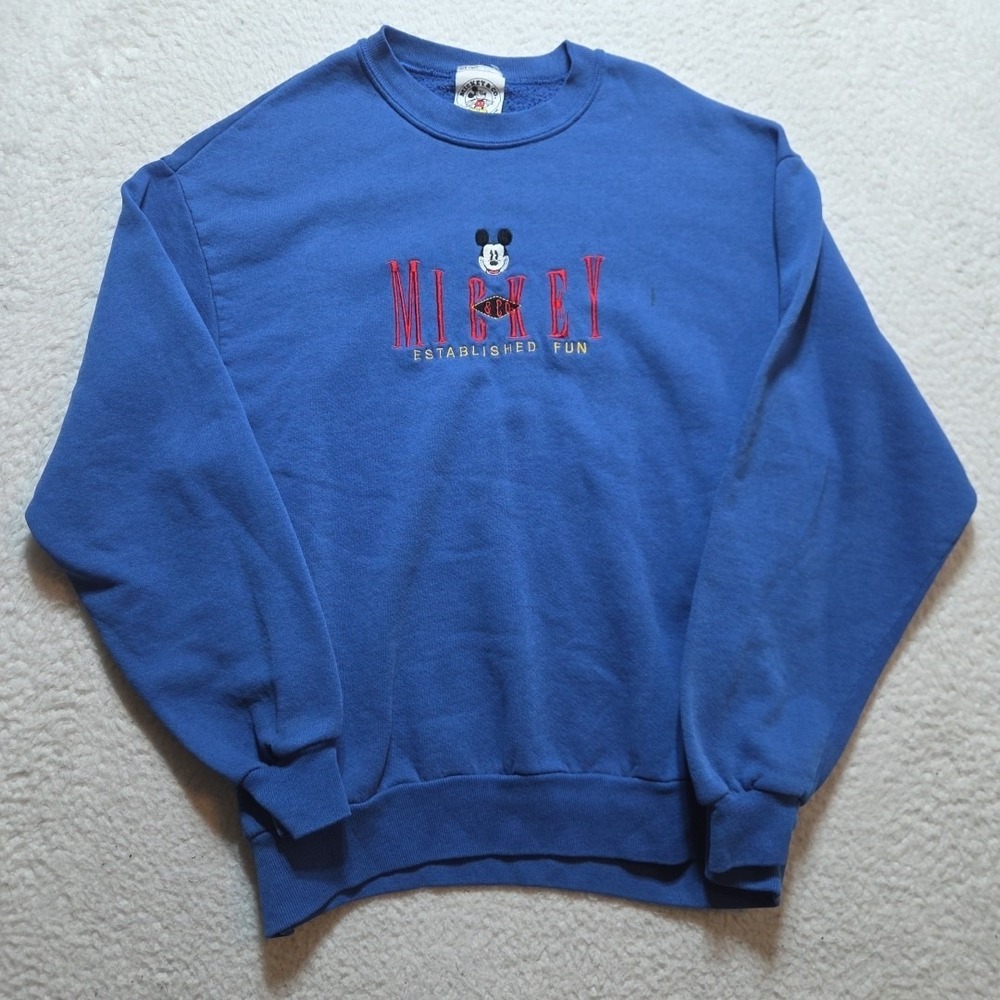 VTG 90's Disney Mickey Mouse Blue Sz Large Sweater Stitched Art Logo Made In USA